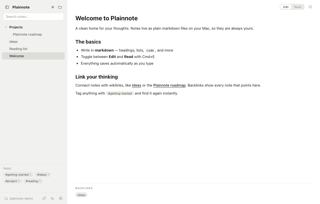 Plainnote showing a markdown note with wikilinks, tags, and backlinks